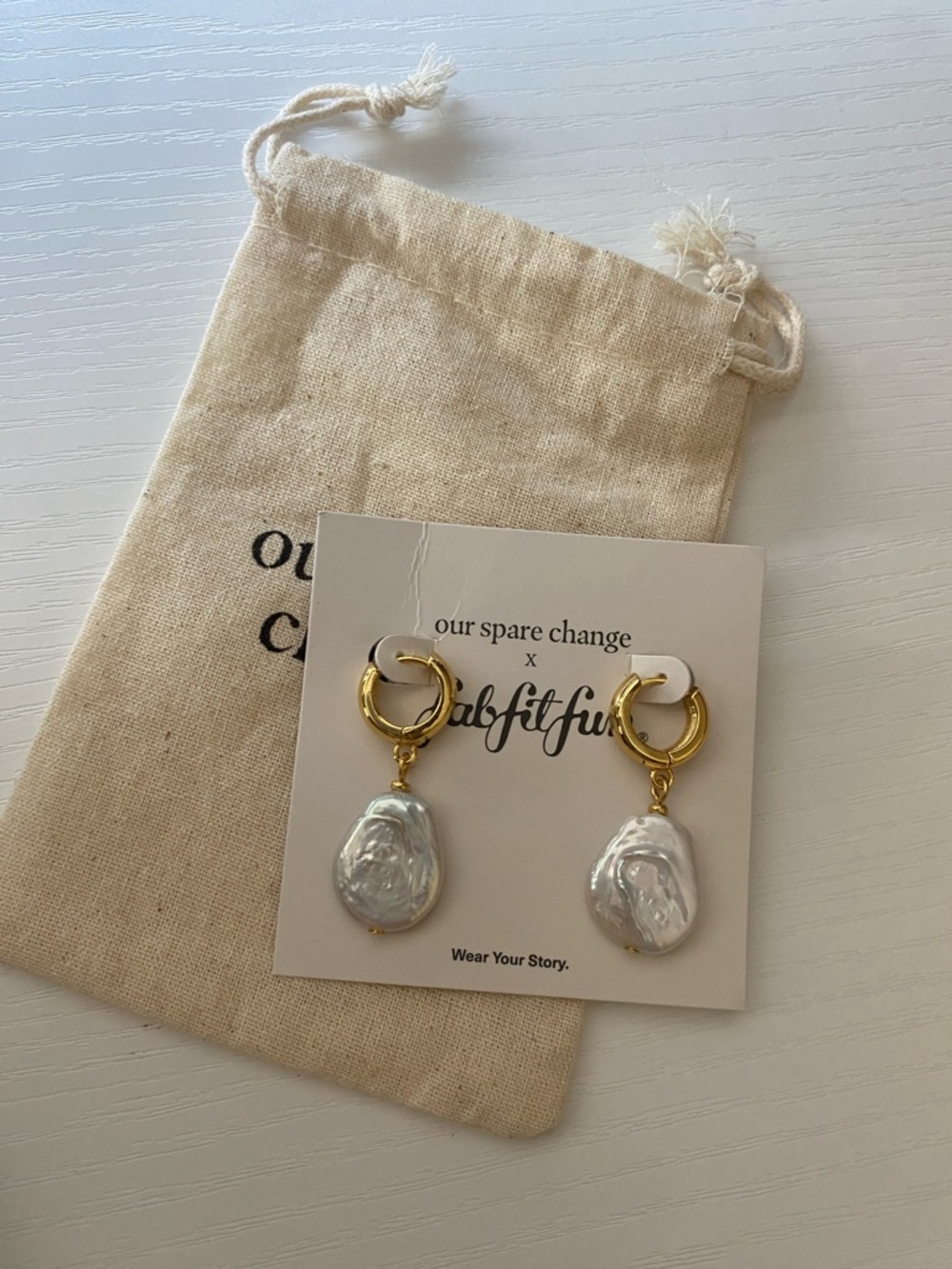 Our Spare Change x FabFitFun Gold Hoop Drop Pearl Earrings